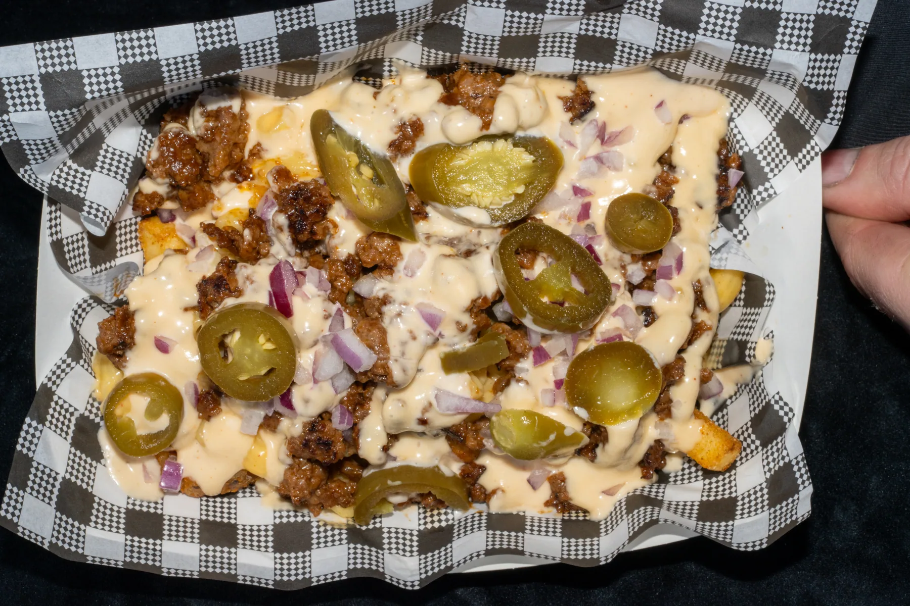 Loaded fries with toppings photographed for food content