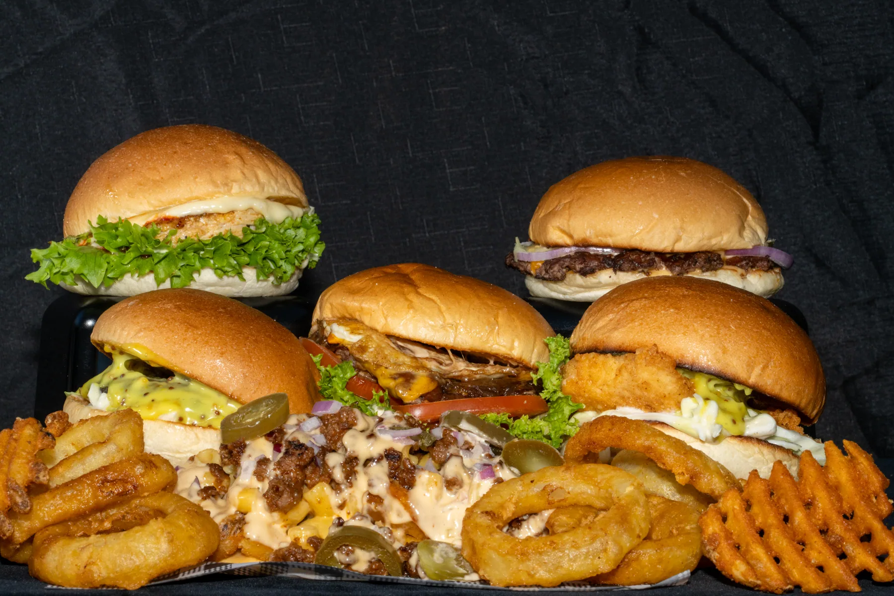 Burger, fries, onion rings and loaded sides photographed together