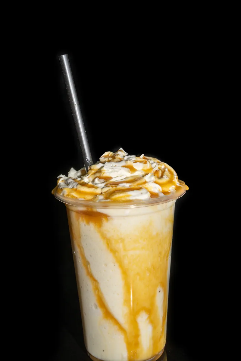 Caramel dessert drink with cream photographed for social content