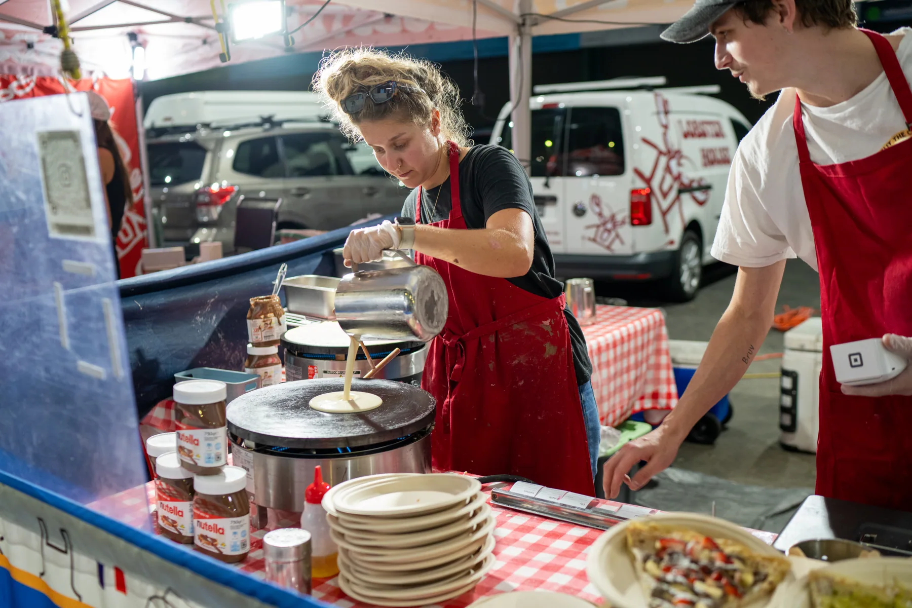 Food truck counter photographed during service