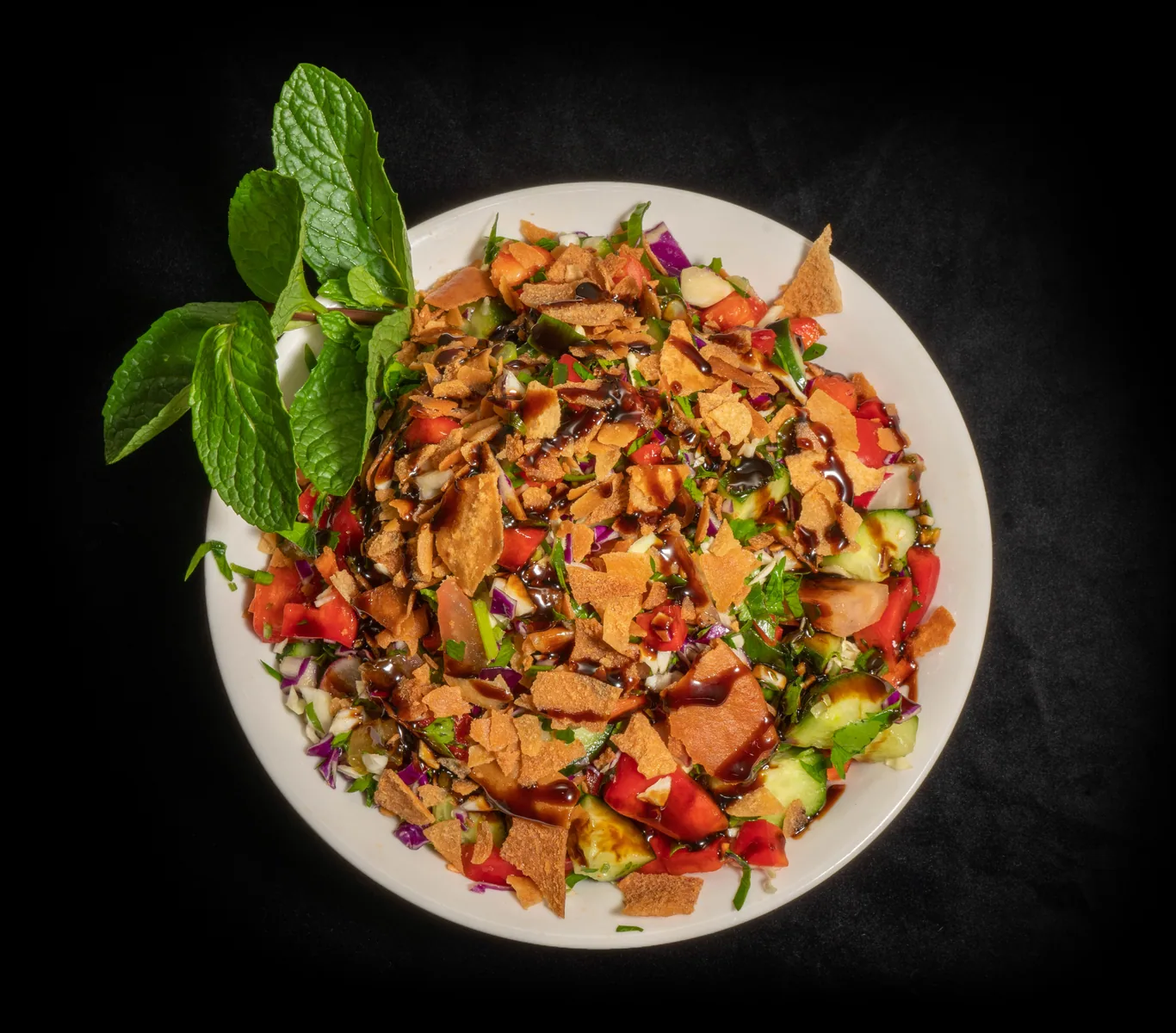 Fatoush salad photographed for restaurant menu imagery